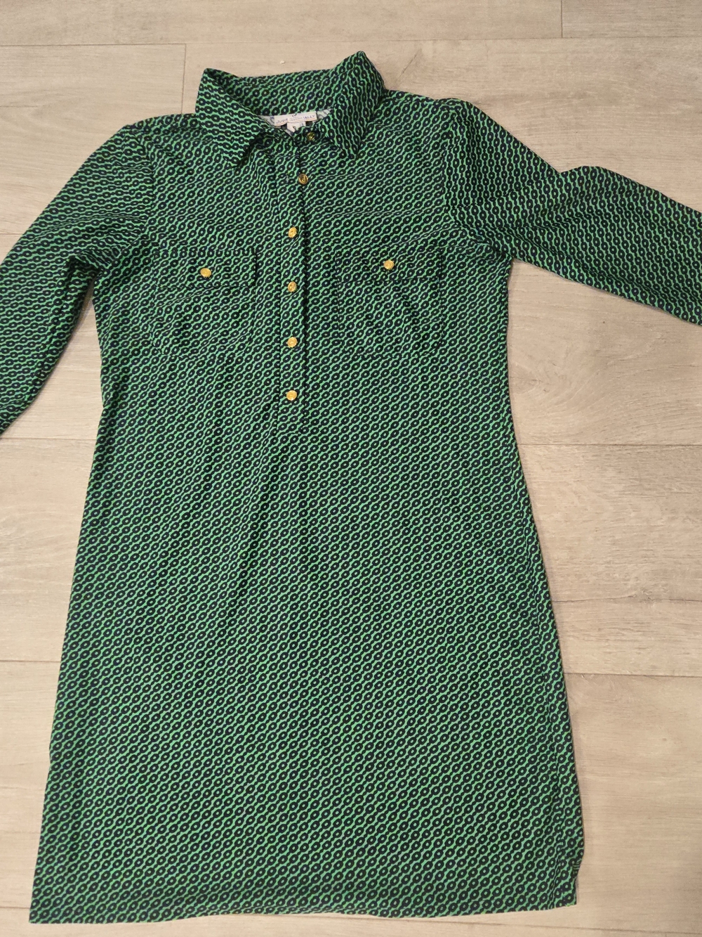 Jude Connally Green Geometric Long-Sleeve Shirt Dress with Gold Buttons